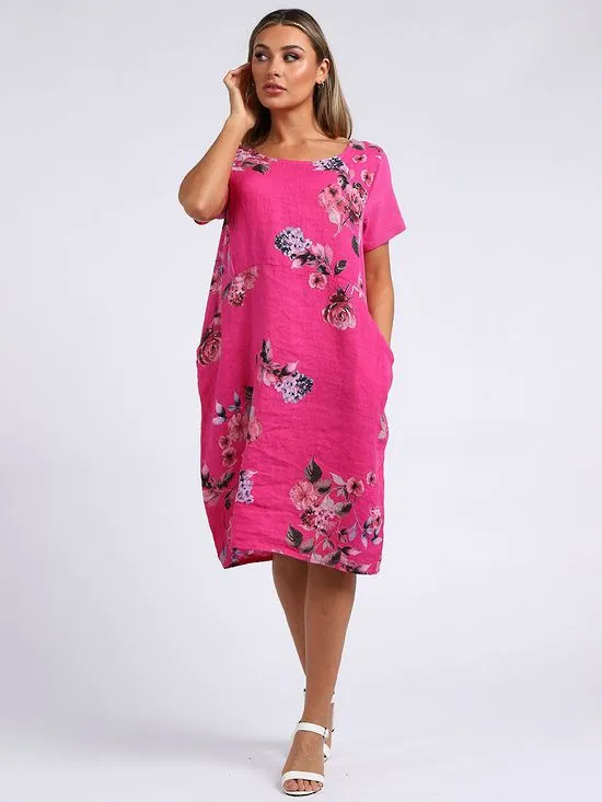 Fleur Linen Dress BOUQUET  FUSHIA PINK