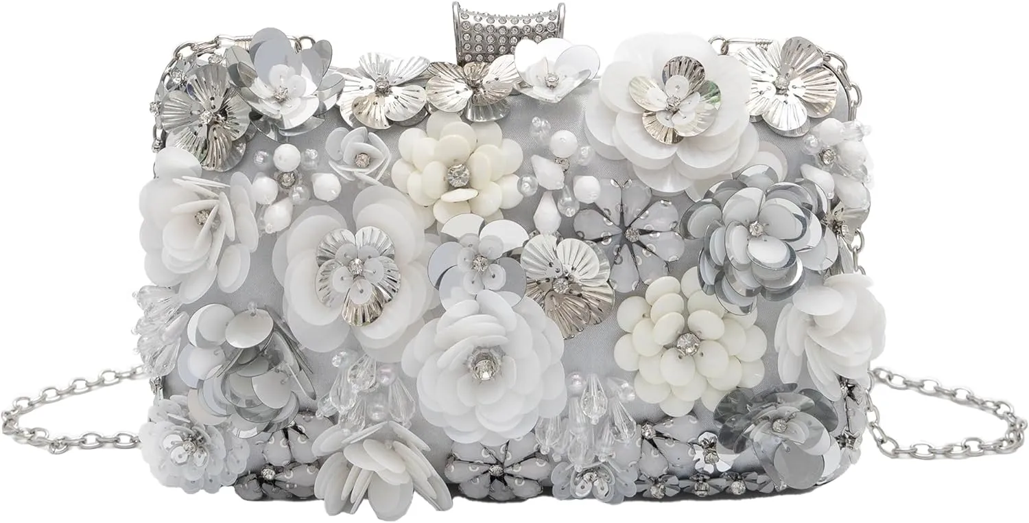 Floral Evening Bag for Women Beaded Clutch Purse with Sequins & Rhinestone Wedding Party Handbag with Chains