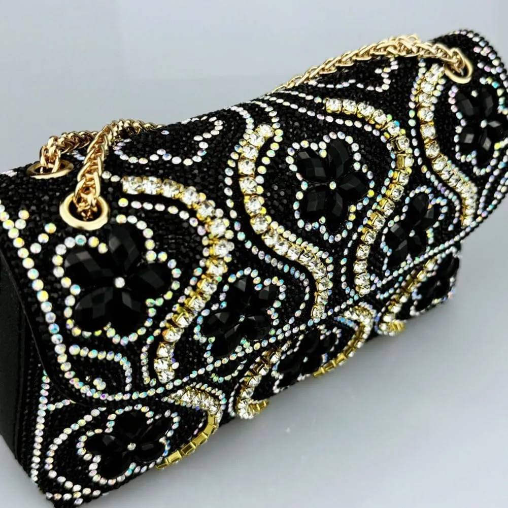 Flower Evening Handbags Elegant Square Shoulder Bag with Chain Crystals Rhinestone Clutch Purse Trendy Glitter Crossbody Bags
