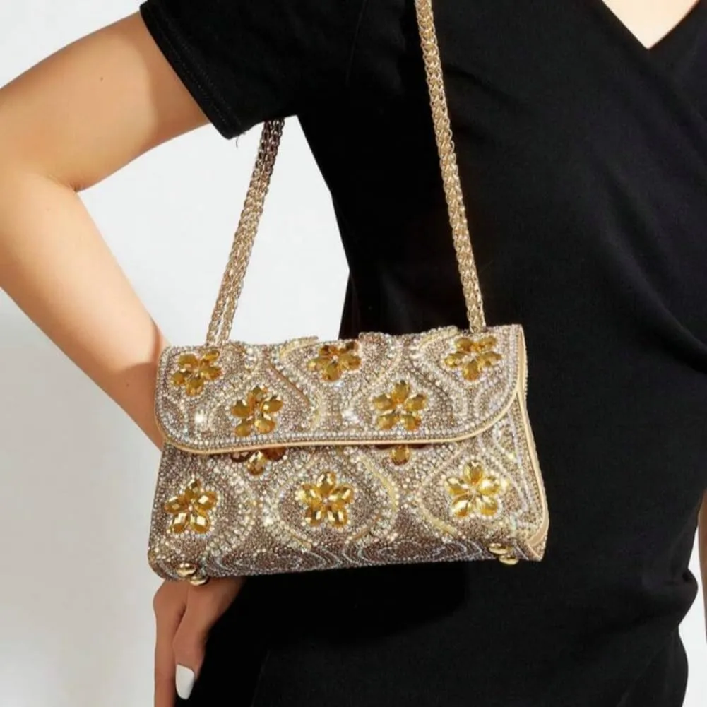 Flower Evening Handbags Elegant Square Shoulder Bag with Chain Crystals Rhinestone Clutch Purse Trendy Glitter Crossbody Bags