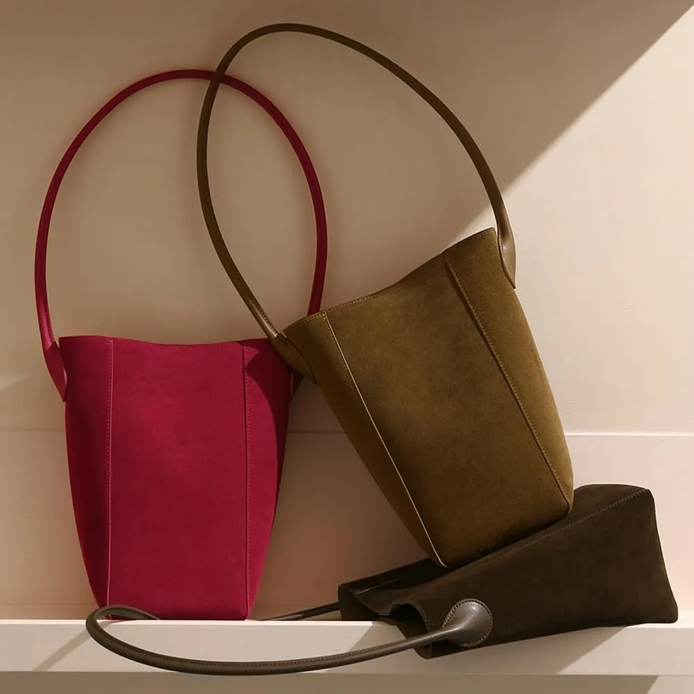 Frosted Genuine Leather Bucket Shoulder Bag for Women Small Tote Purse Handbag Casual Top Handle Satchels