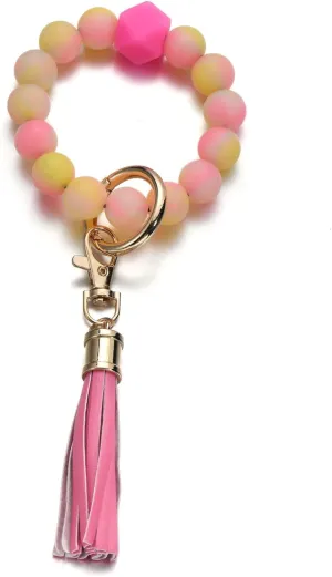 Glow in the Dark Silicone Bead Keychain Wristlet Bracelet, Beaded Bangle Key Chains for Women Keyring