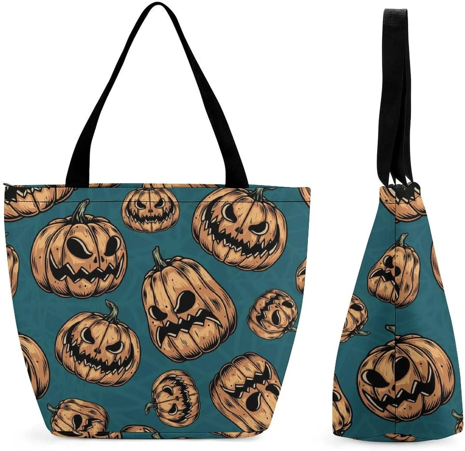Halloweens Pattern Orange Black Hobo Handbags With Zipper Women's Tote Handbags
