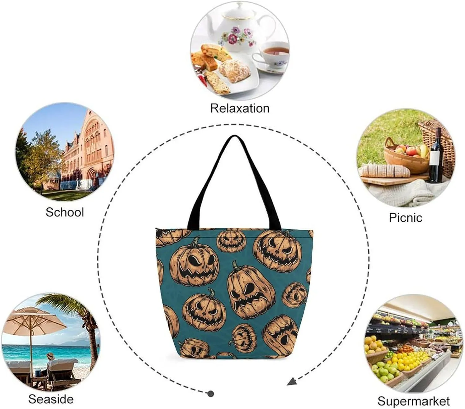 Halloweens Pattern Orange Black Hobo Handbags With Zipper Women's Tote Handbags