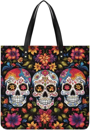 Handbags for WomenColorful Flower SkullsTrendy Vegan Leather Hobo Handbags,Women's Soft Bucket Bag For Women - Ladies Handbags For Work, Travel, Casual Use,Birthday Gifts