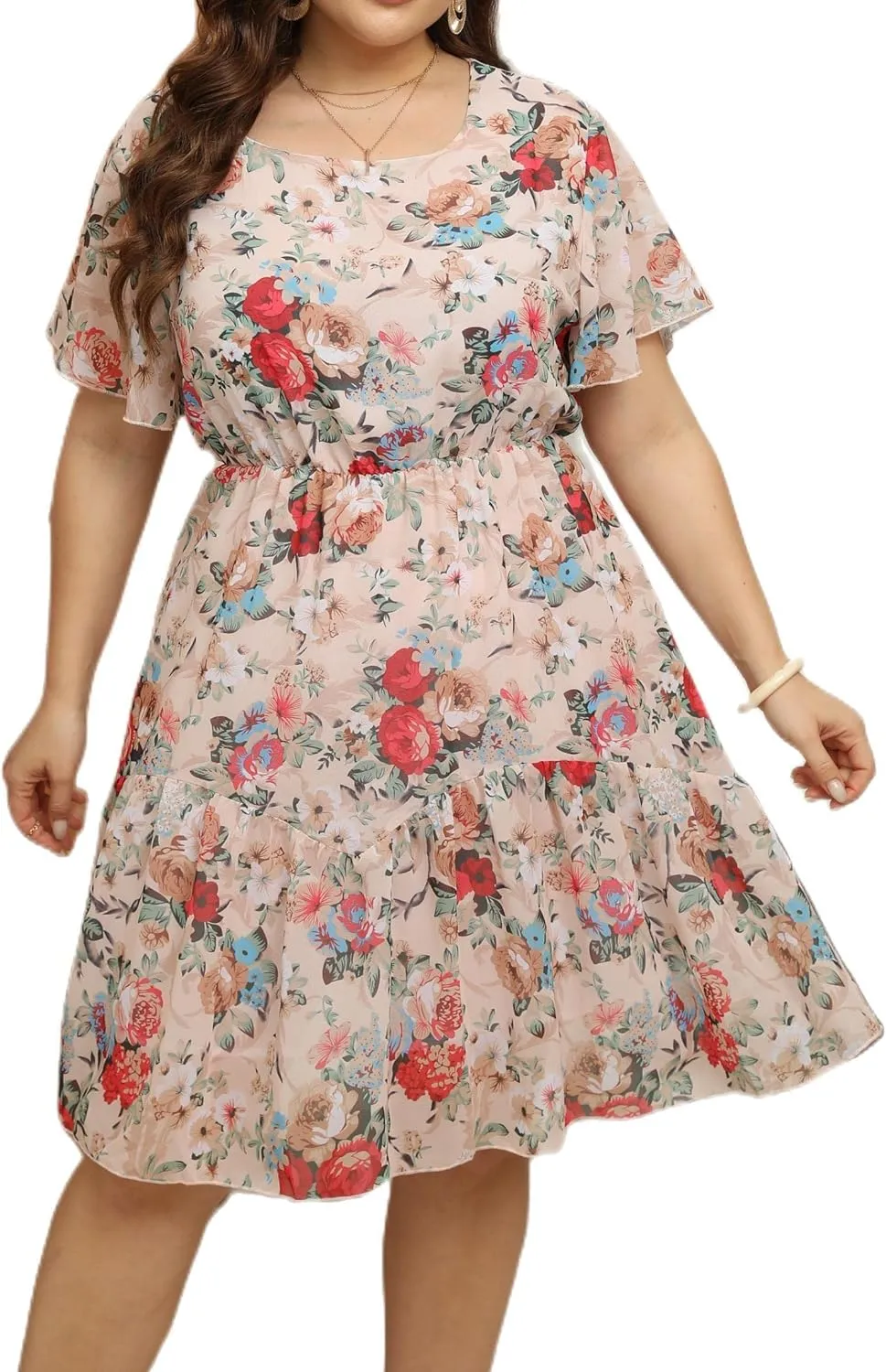 HBEYYTO Women's Plus Size Floral Print Boho Beach Dress Casual Ruffle Sleeve Elastic Waist Swing Chiffon Sundress