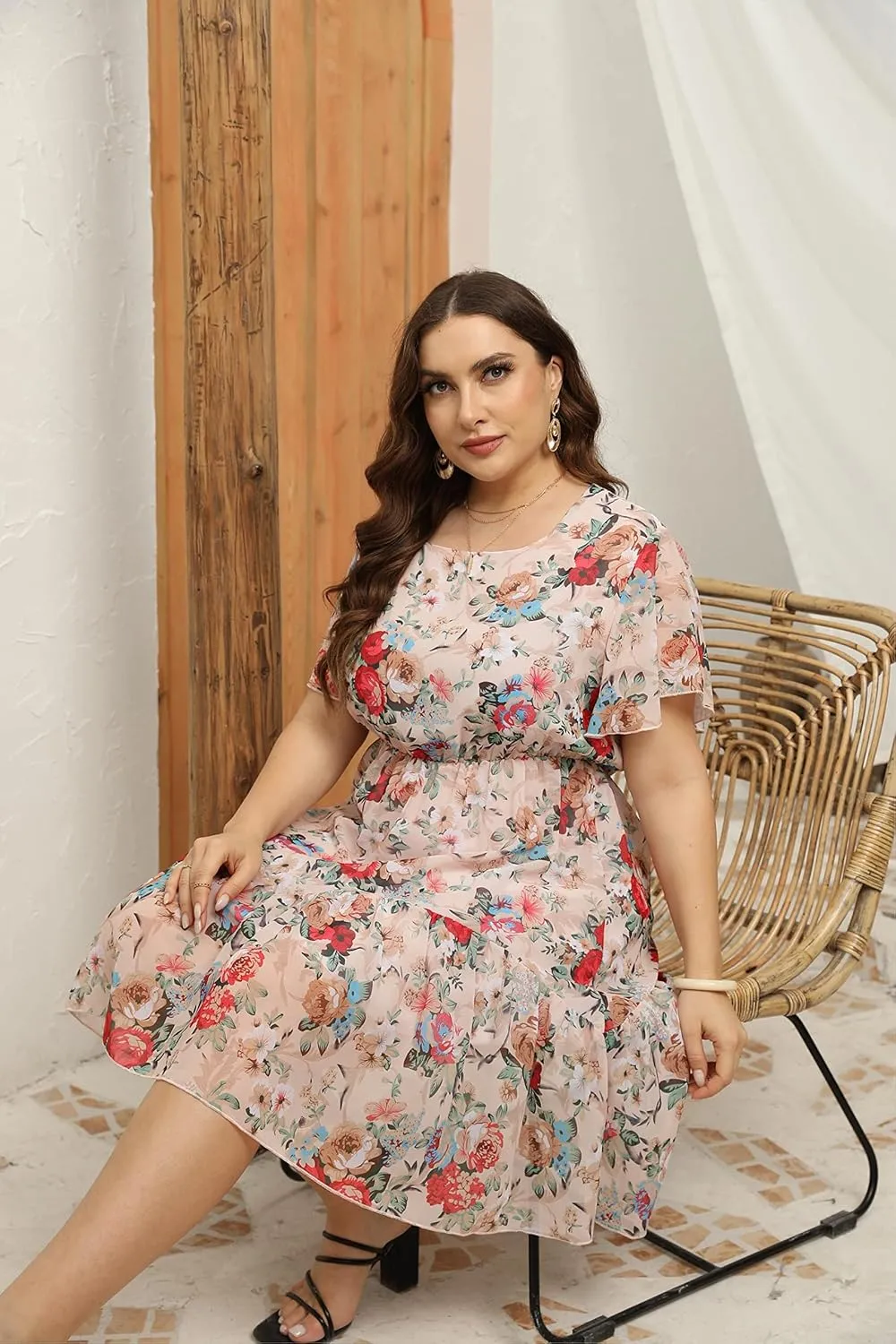 HBEYYTO Women's Plus Size Floral Print Boho Beach Dress Casual Ruffle Sleeve Elastic Waist Swing Chiffon Sundress