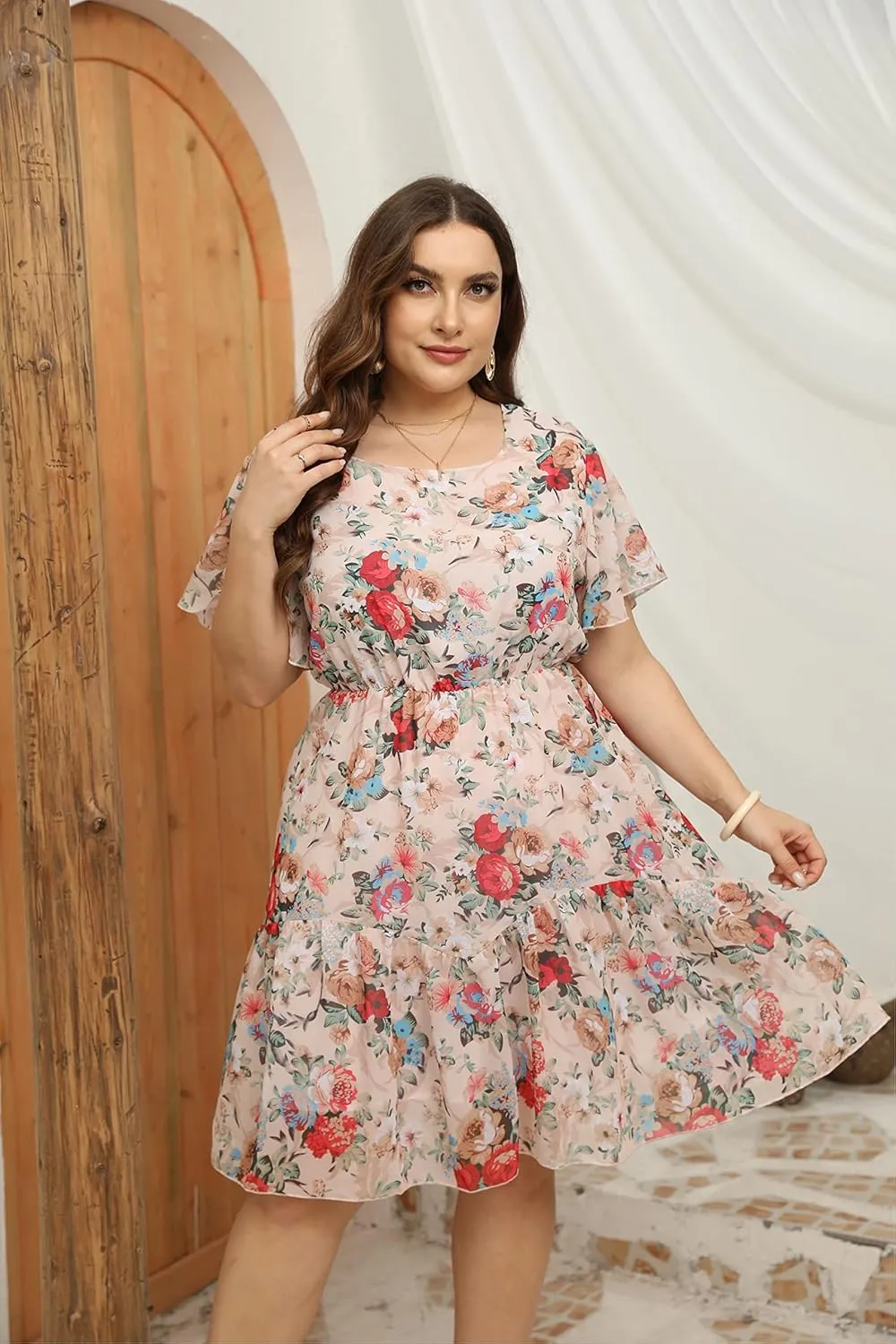 HBEYYTO Women's Plus Size Floral Print Boho Beach Dress Casual Ruffle Sleeve Elastic Waist Swing Chiffon Sundress
