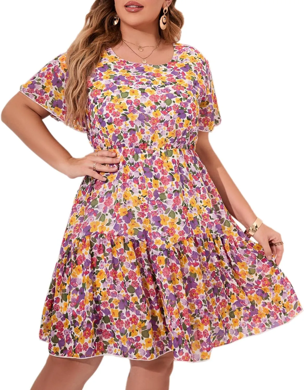 HBEYYTO Women's Plus Size Floral Print Boho Beach Dress Casual Ruffle Sleeve Elastic Waist Swing Chiffon Sundress