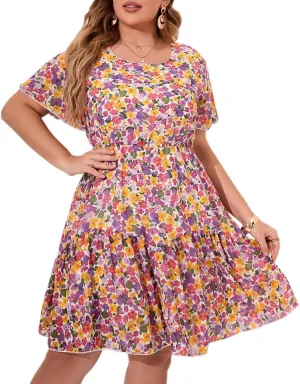HBEYYTO Women's Plus Size Floral Print Boho Beach Dress Casual Ruffle Sleeve Elastic Waist Swing Chiffon Sundress