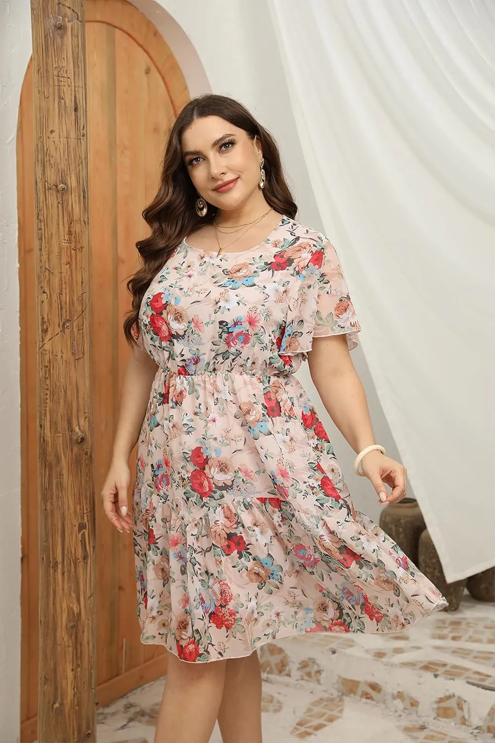 HBEYYTO Women's Plus Size Floral Print Boho Beach Dress Casual Ruffle Sleeve Elastic Waist Swing Chiffon Sundress