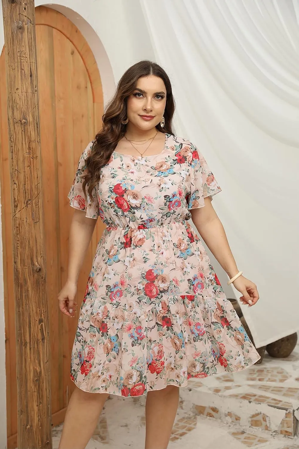 HBEYYTO Women's Plus Size Floral Print Boho Beach Dress Casual Ruffle Sleeve Elastic Waist Swing Chiffon Sundress