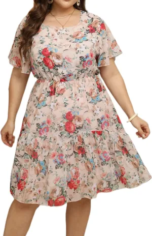 HBEYYTO Women's Plus Size Floral Print Boho Beach Dress Casual Ruffle Sleeve Elastic Waist Swing Chiffon Sundress