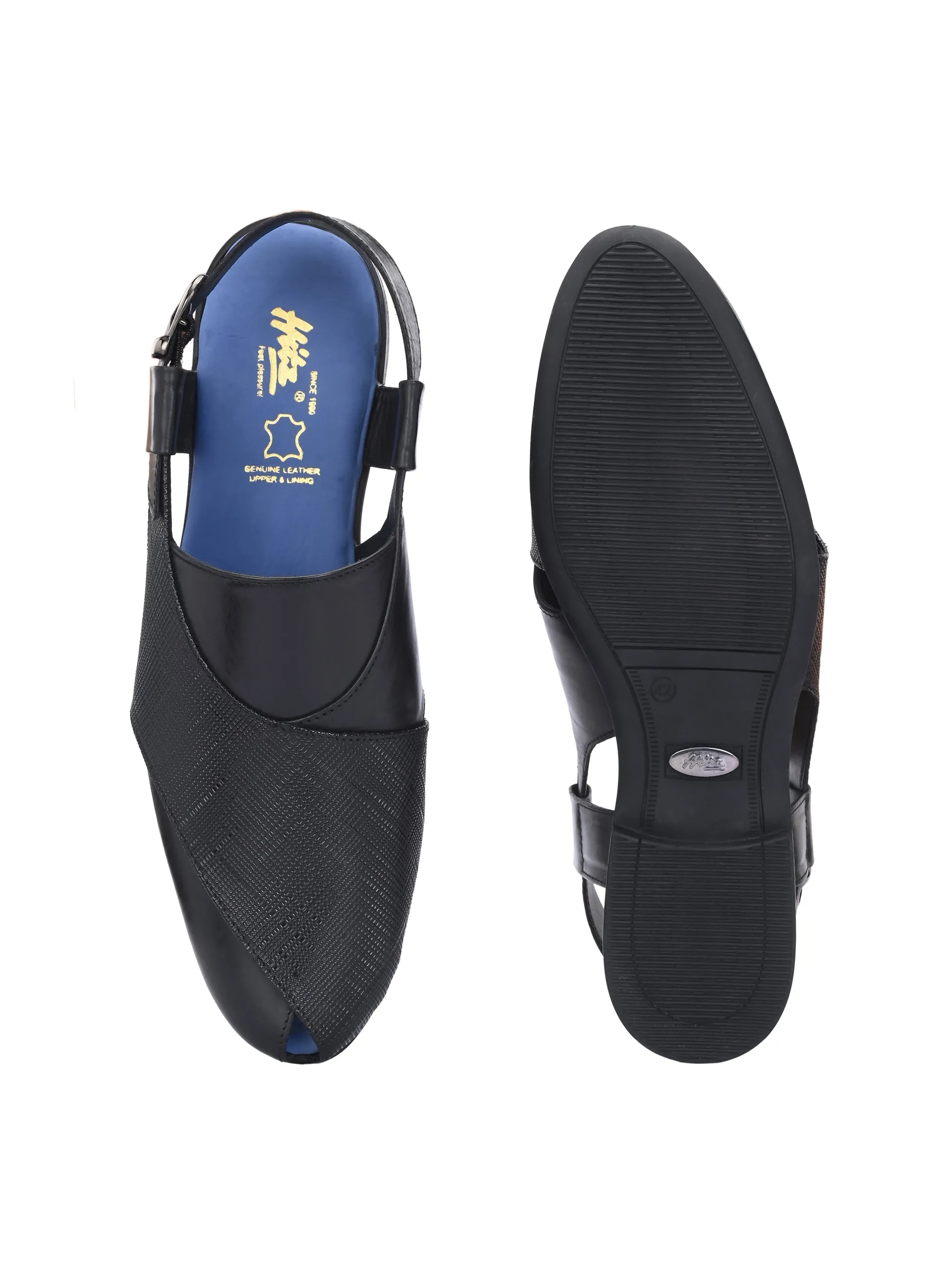 Hitz Men's Black Leather Daily Wear Sandals