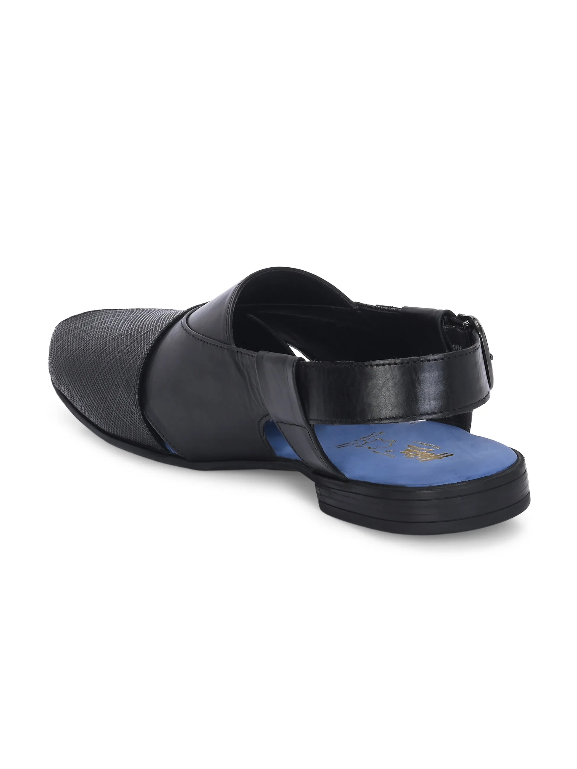 Hitz Men's Black Leather Daily Wear Sandals