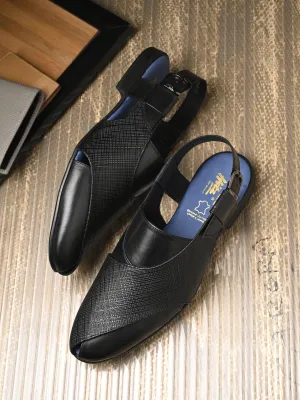 Hitz Men's Black Leather Daily Wear Sandals