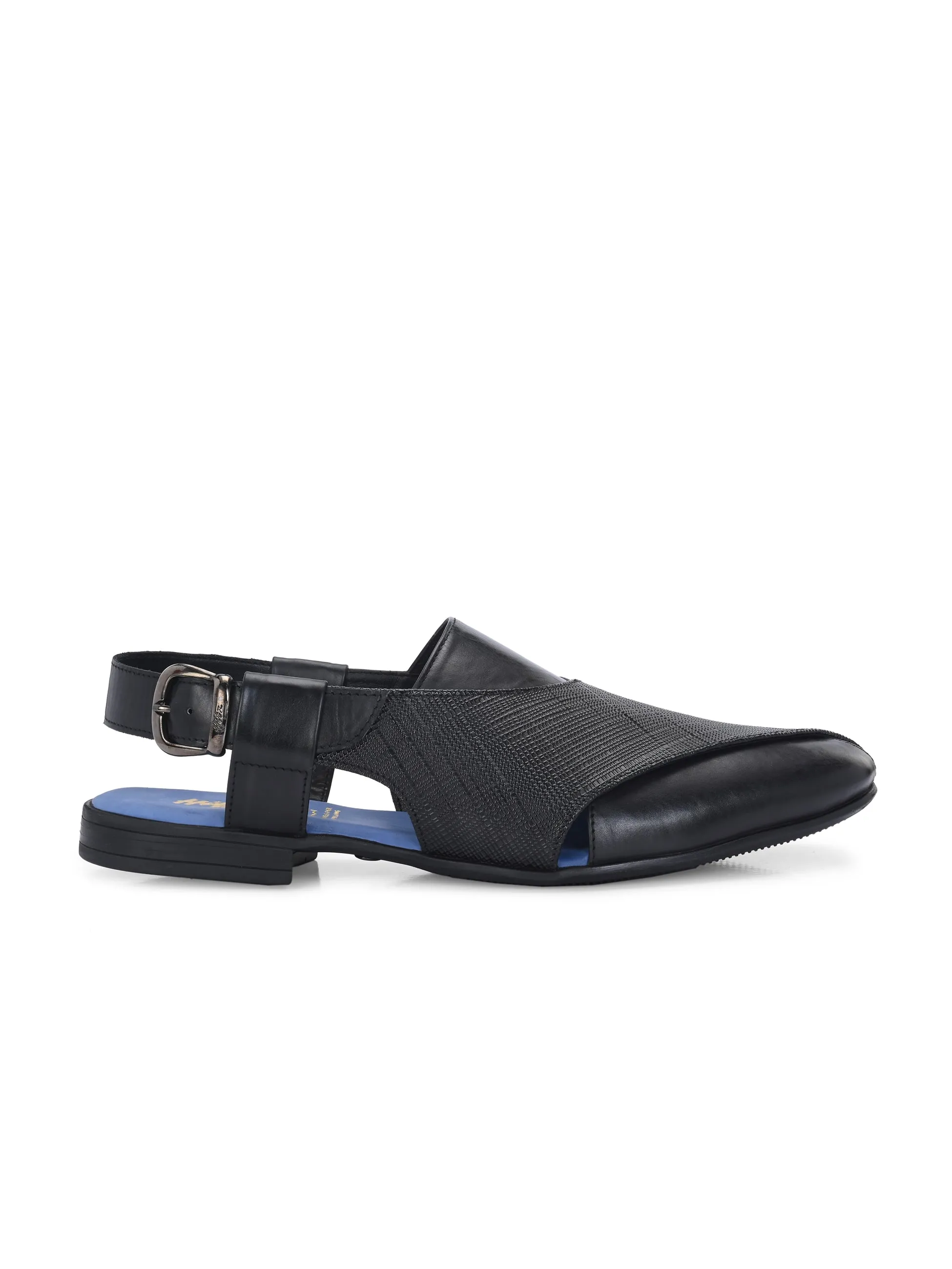 Hitz Men's Black Leather Daily Wear Sandals