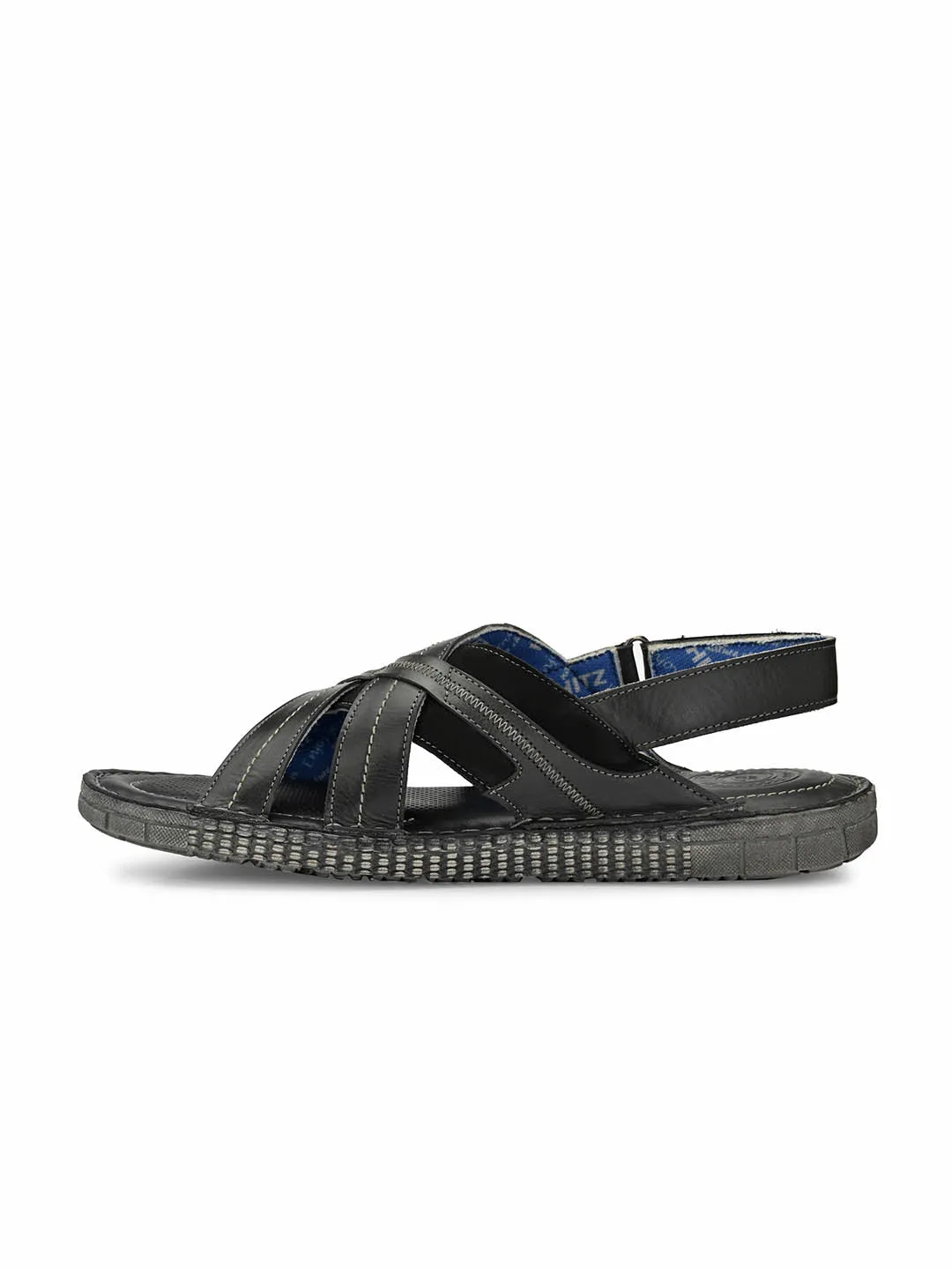 Hitz Men's Gray Leather Daily Wear Velcro Sandals