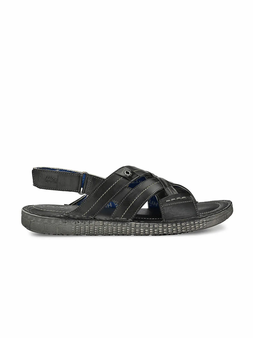 Hitz Men's Gray Leather Daily Wear Velcro Sandals