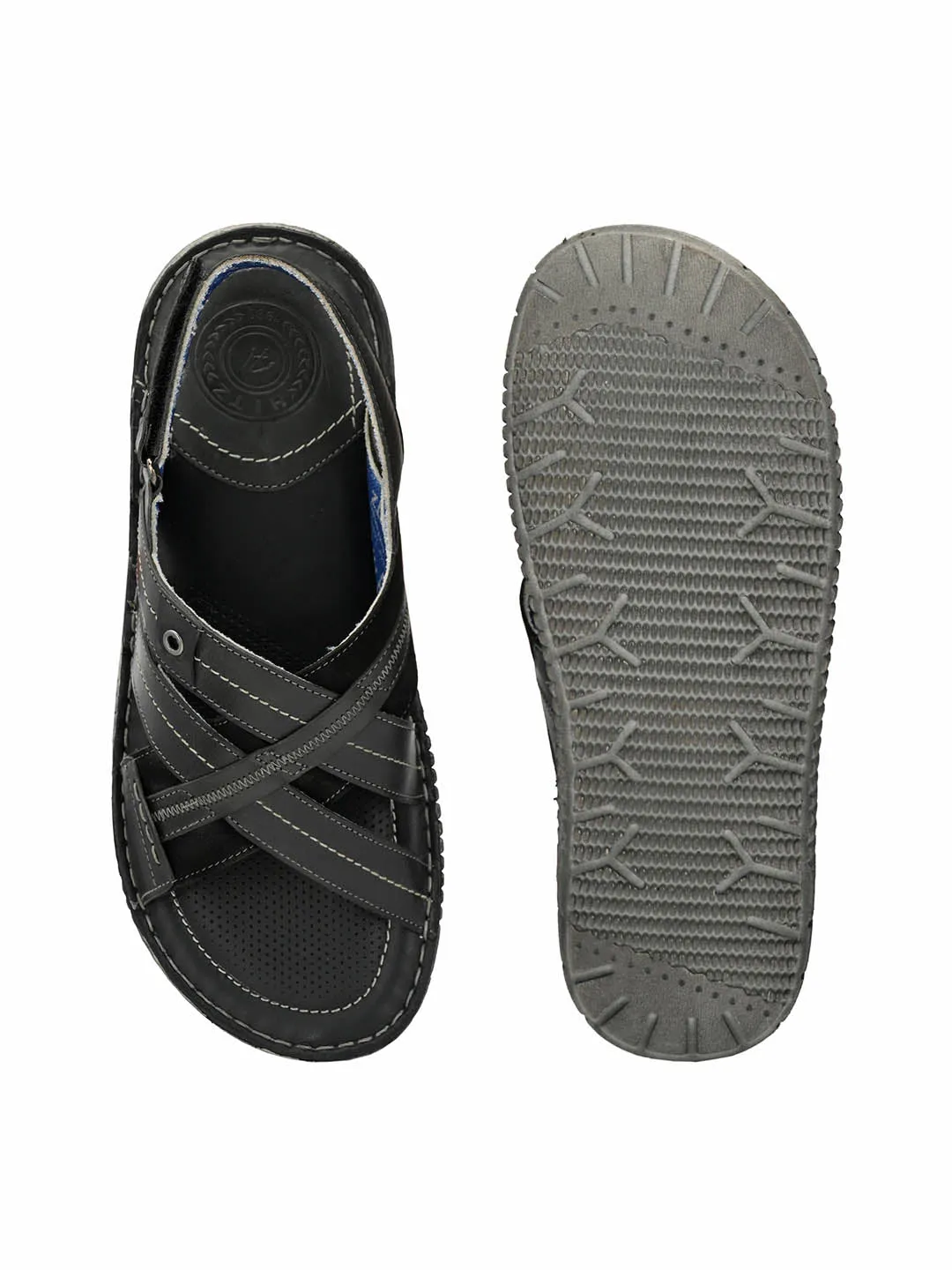 Hitz Men's Gray Leather Daily Wear Velcro Sandals