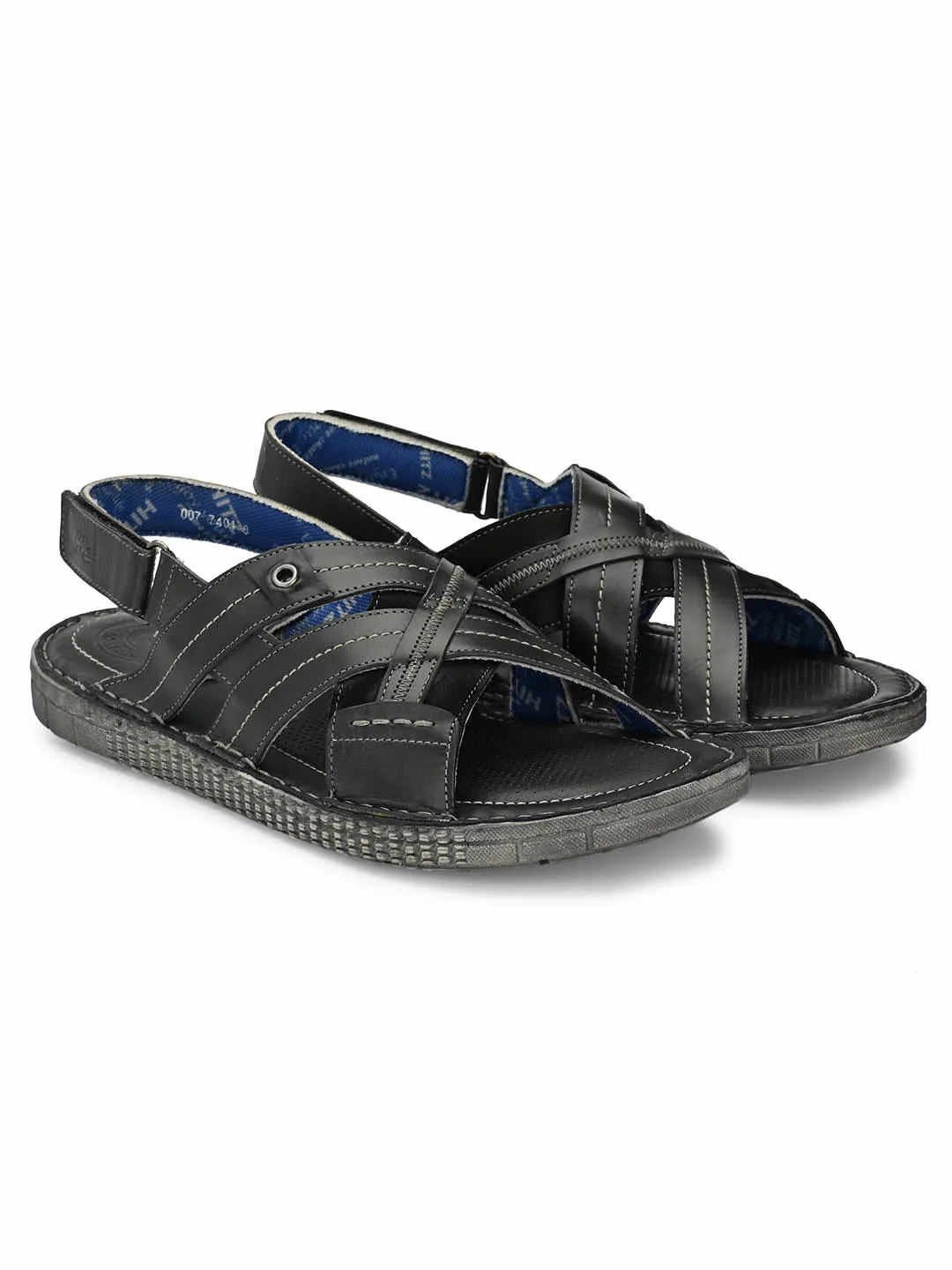 Hitz Men's Gray Leather Daily Wear Velcro Sandals