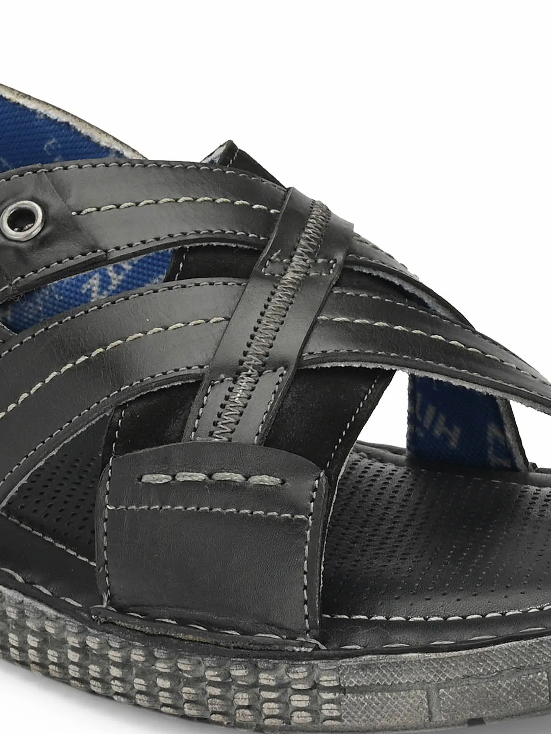 Hitz Men's Gray Leather Daily Wear Velcro Sandals