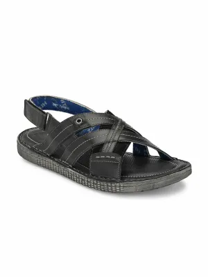 Hitz Men's Gray Leather Daily Wear Velcro Sandals