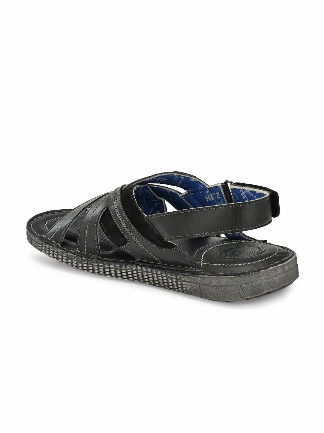 Hitz Men's Gray Leather Daily Wear Velcro Sandals