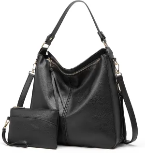 Hobo Bag for Women Trendy PU Leather Crossbody Shoulder Handbag Ladies Bucket Purse Tote Wallet Set 2PCS