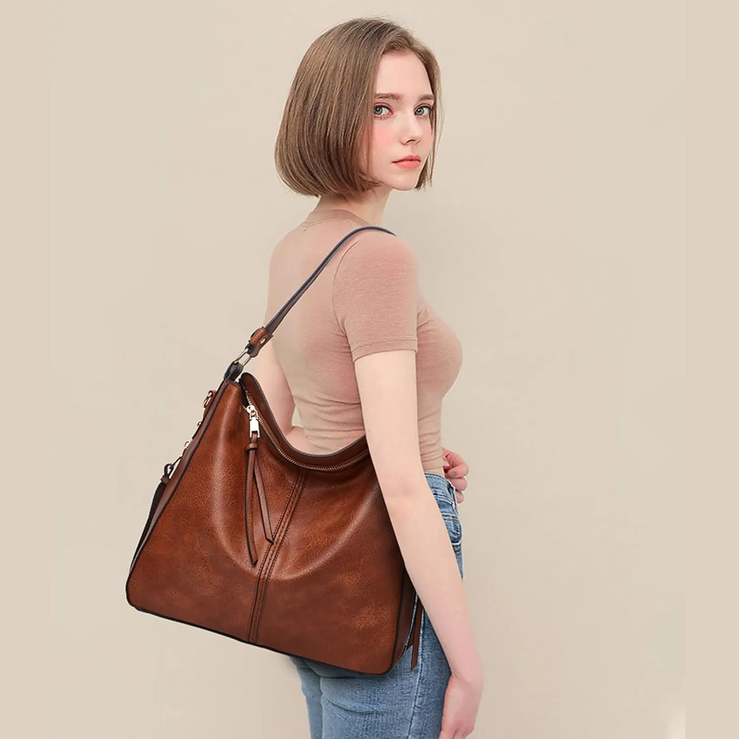 Hobo Bag for Women Trendy PU Leather Crossbody Shoulder Handbag Ladies Bucket Purse Tote Wallet Set 2PCS