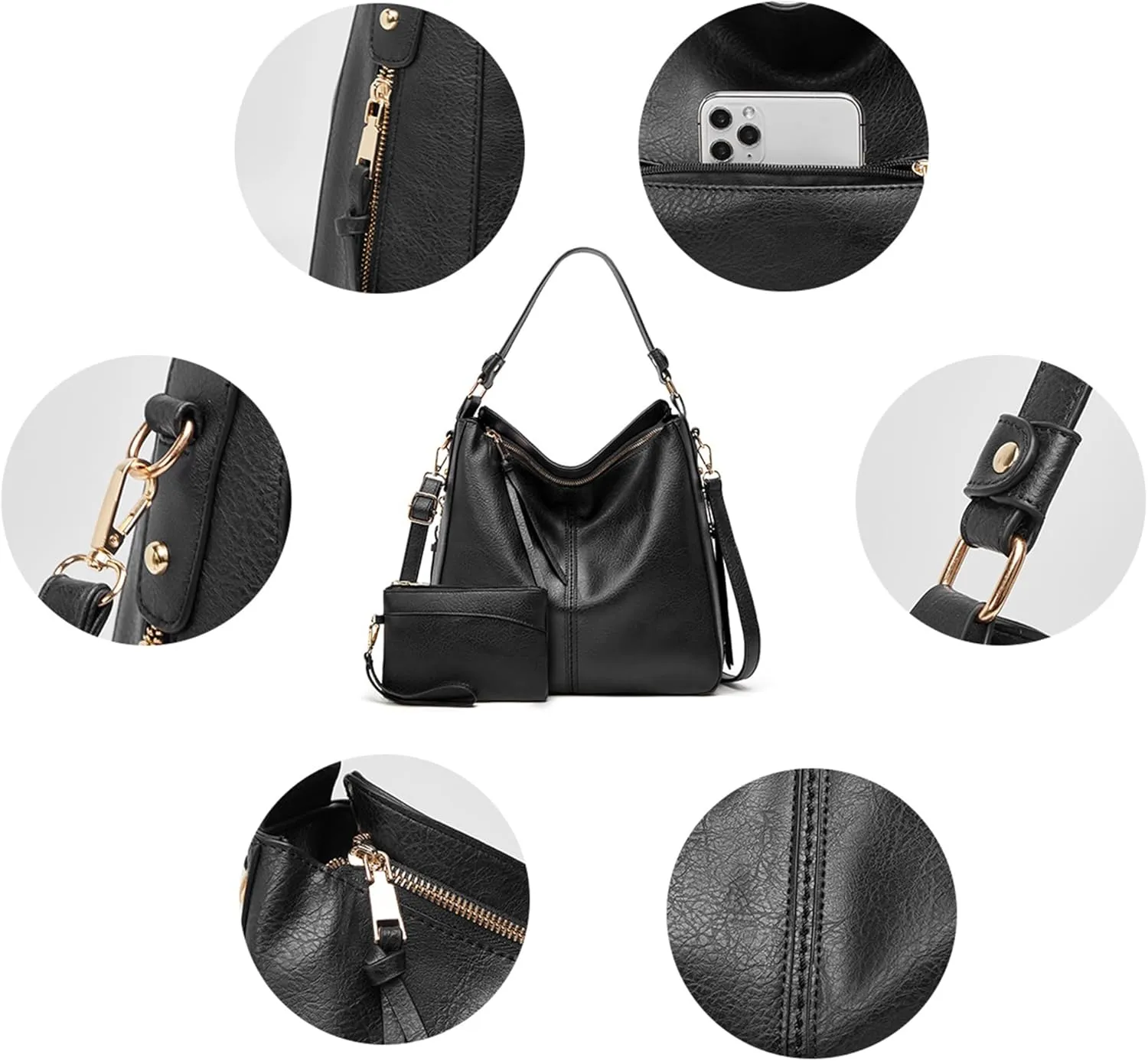 Hobo Bag for Women Trendy PU Leather Crossbody Shoulder Handbag Ladies Bucket Purse Tote Wallet Set 2PCS