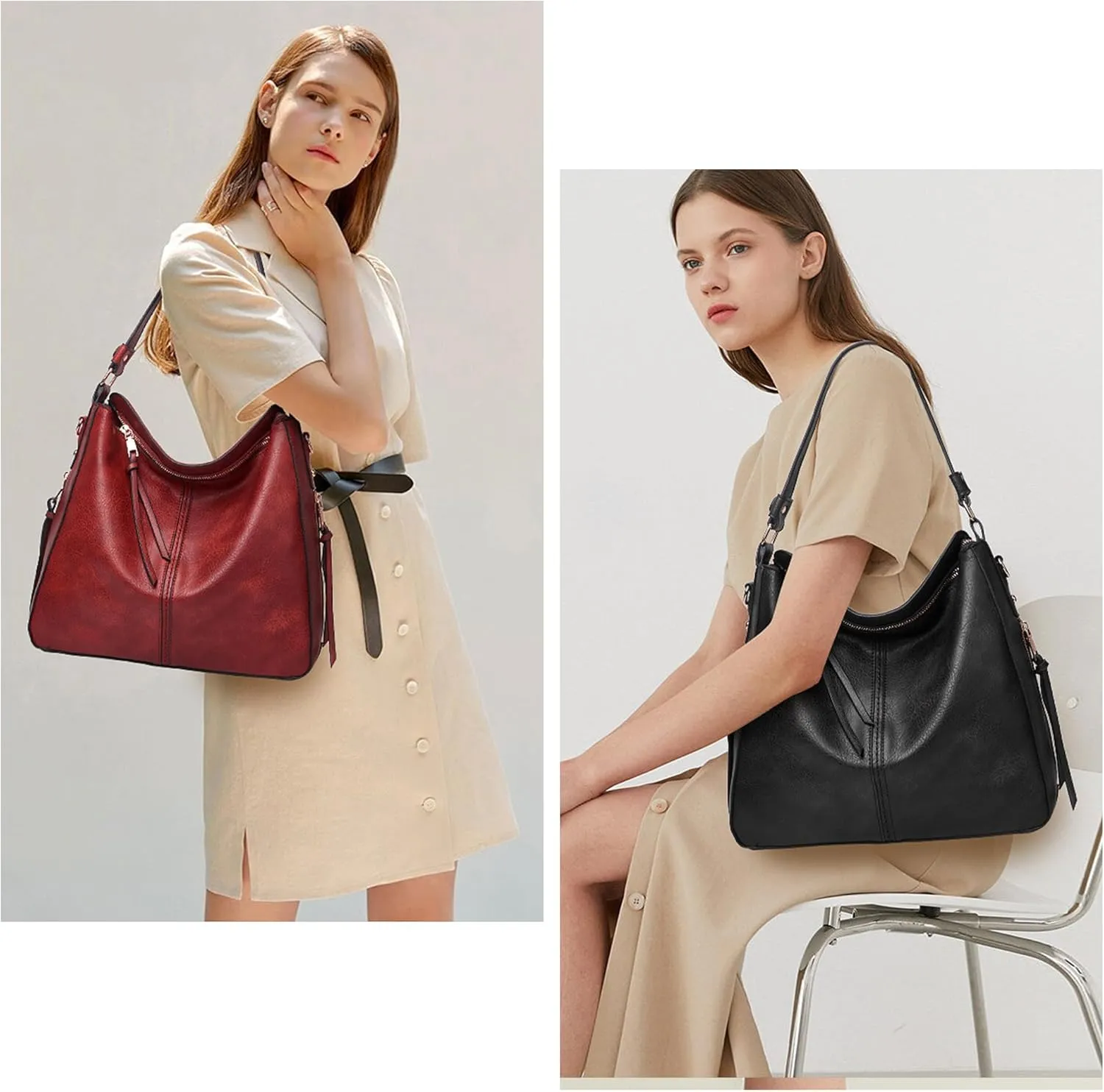 Hobo Bag for Women Trendy PU Leather Crossbody Shoulder Handbag Ladies Bucket Purse Tote Wallet Set 2PCS