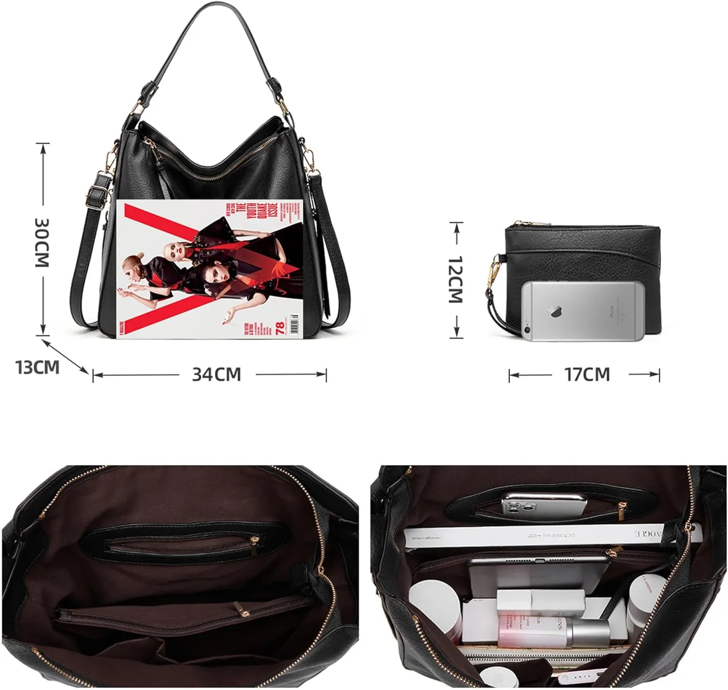 Hobo Bag for Women Trendy PU Leather Crossbody Shoulder Handbag Ladies Bucket Purse Tote Wallet Set 2PCS