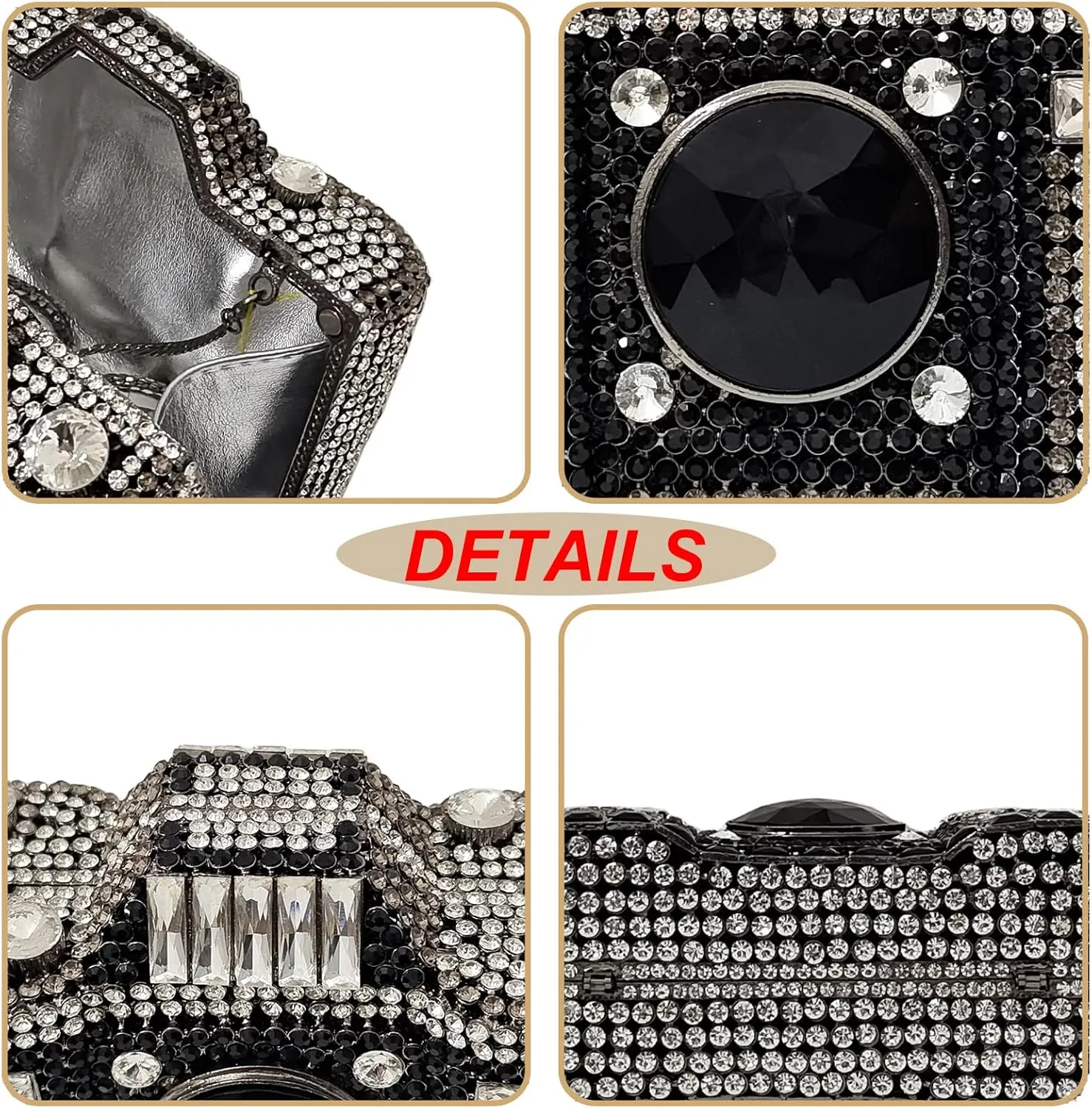 HUANG ZHUANG Cute Camera Shape Crystal Clutch Purse Mini Rhinestone Evening Bag Wedding Handbag Party Women Purse