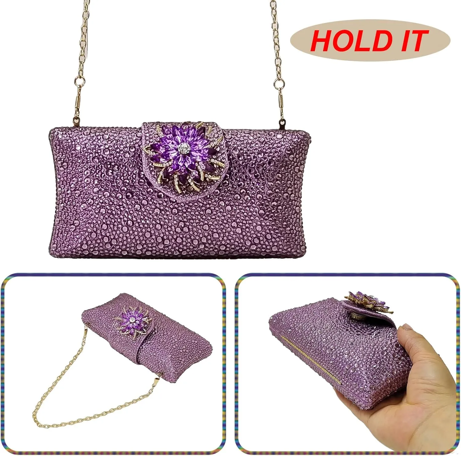 HUANG ZHUANG Elegant Flower Clutch Solid Rhinestone Handbags For Women Evening Bag Party Purse Bridal Prom Bag