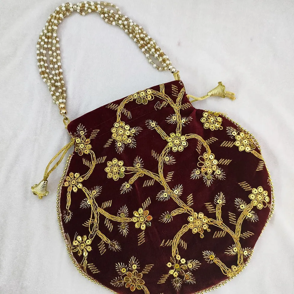 Indian Handmade Women's Embroidered Potli Purse Bag Pouch Drawstring Bag Maroon In Color (D9)
