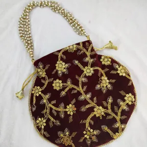 Indian Handmade Women's Embroidered Potli Purse Bag Pouch Drawstring Bag Maroon In Color (D9)