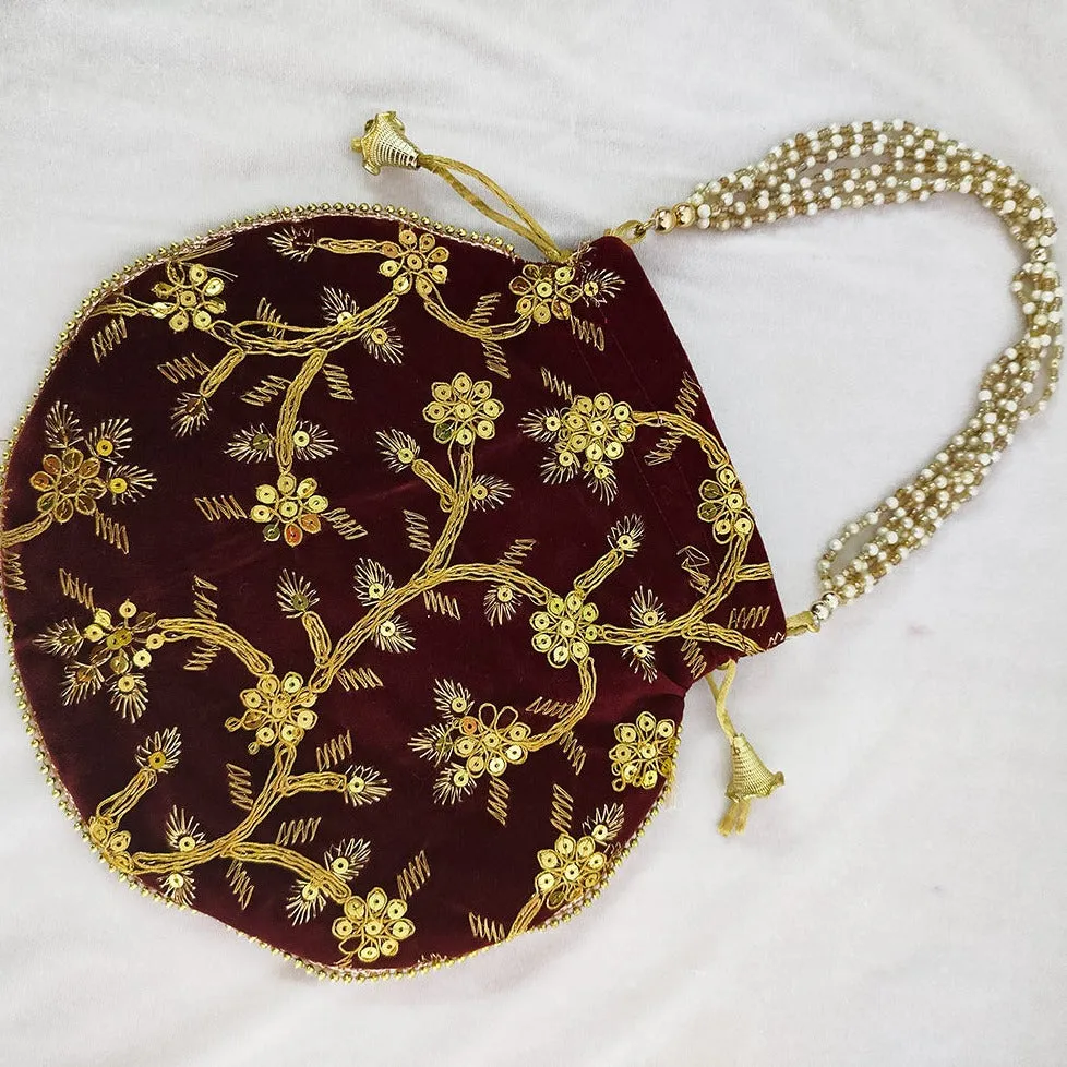 Indian Handmade Women's Embroidered Potli Purse Bag Pouch Drawstring Bag Maroon In Color (D9)
