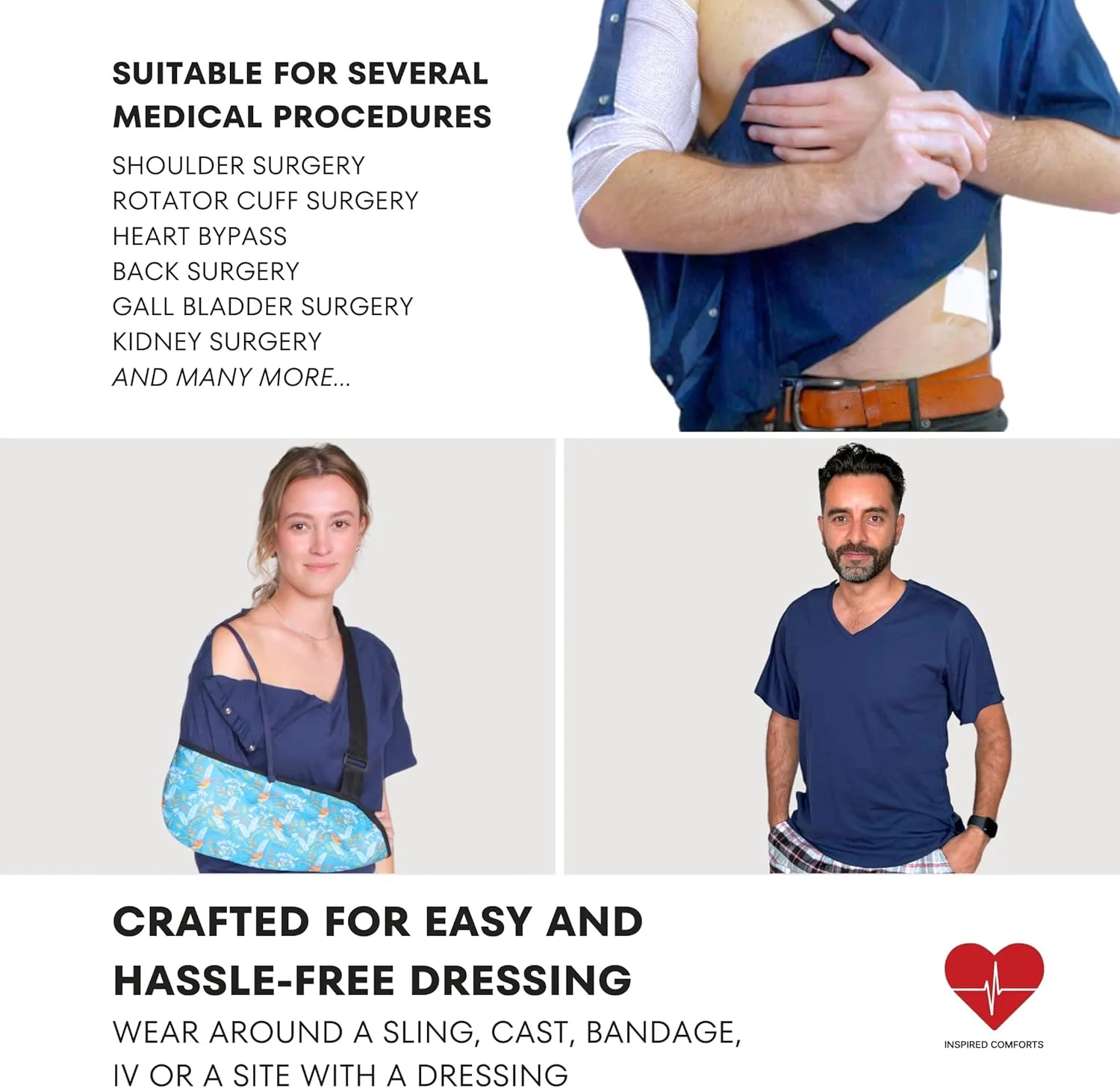 Inspired Comforts Unisex Post Surgery & Rehab V Neck Dual Access Snap Shirt