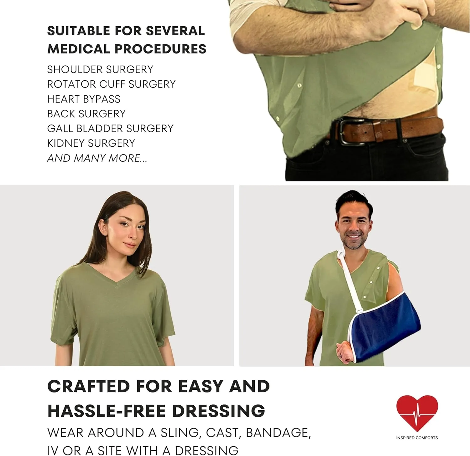 Inspired Comforts Unisex Post Surgery & Rehab V Neck Dual Access Snap Shirt
