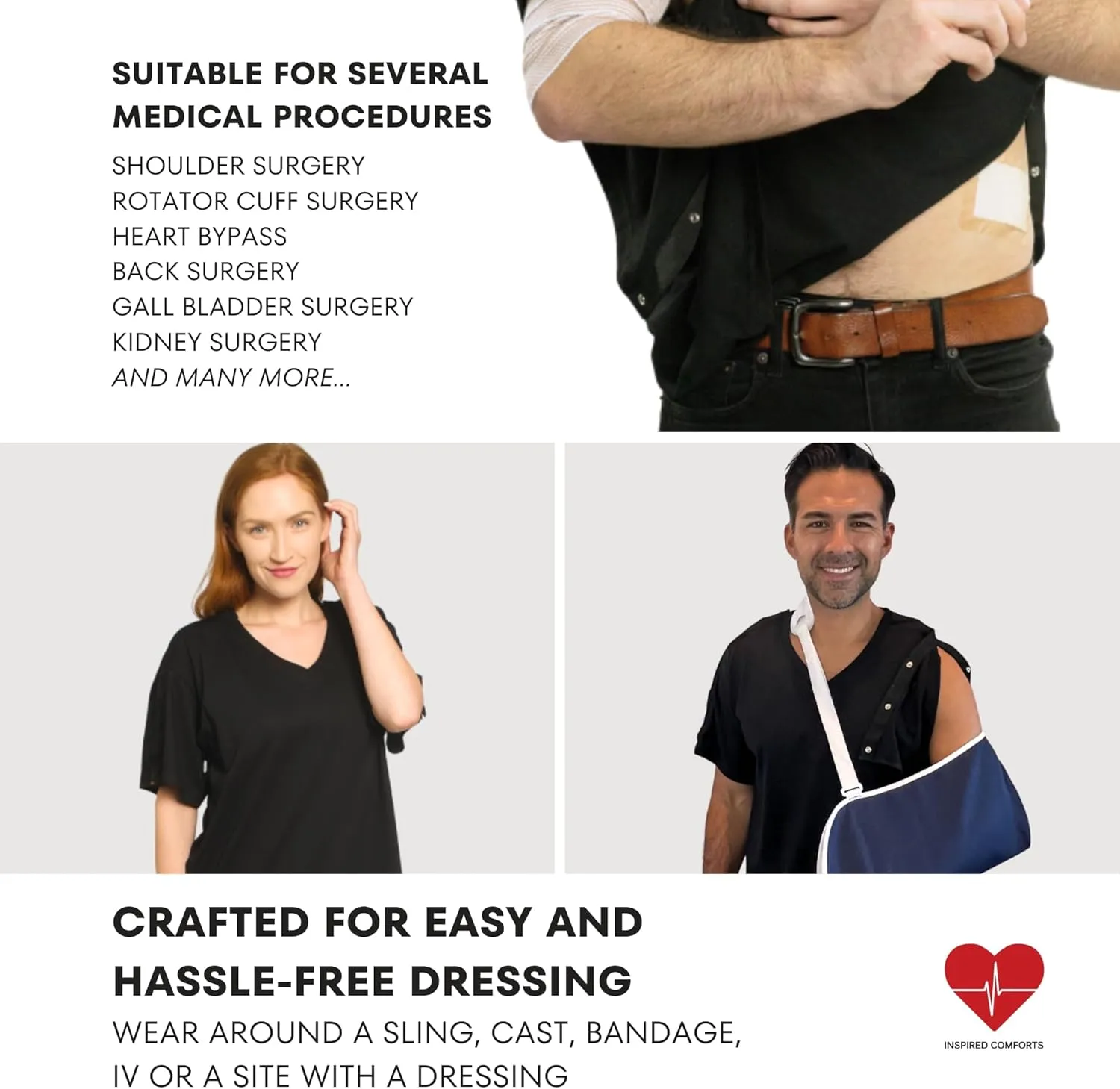 Inspired Comforts Unisex Post Surgery & Rehab V Neck Dual Access Snap Shirt