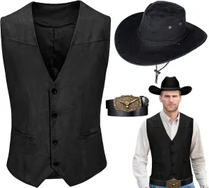KAIPUTE Western Cowboy Costume Men's Vest Hat Belt for Adult Halloween Party Cosplay