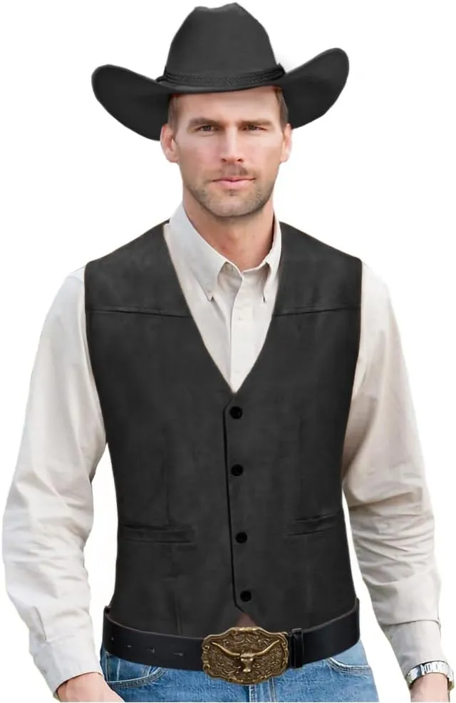 KAIPUTE Western Cowboy Costume Men's Vest Hat Belt for Adult Halloween Party Cosplay