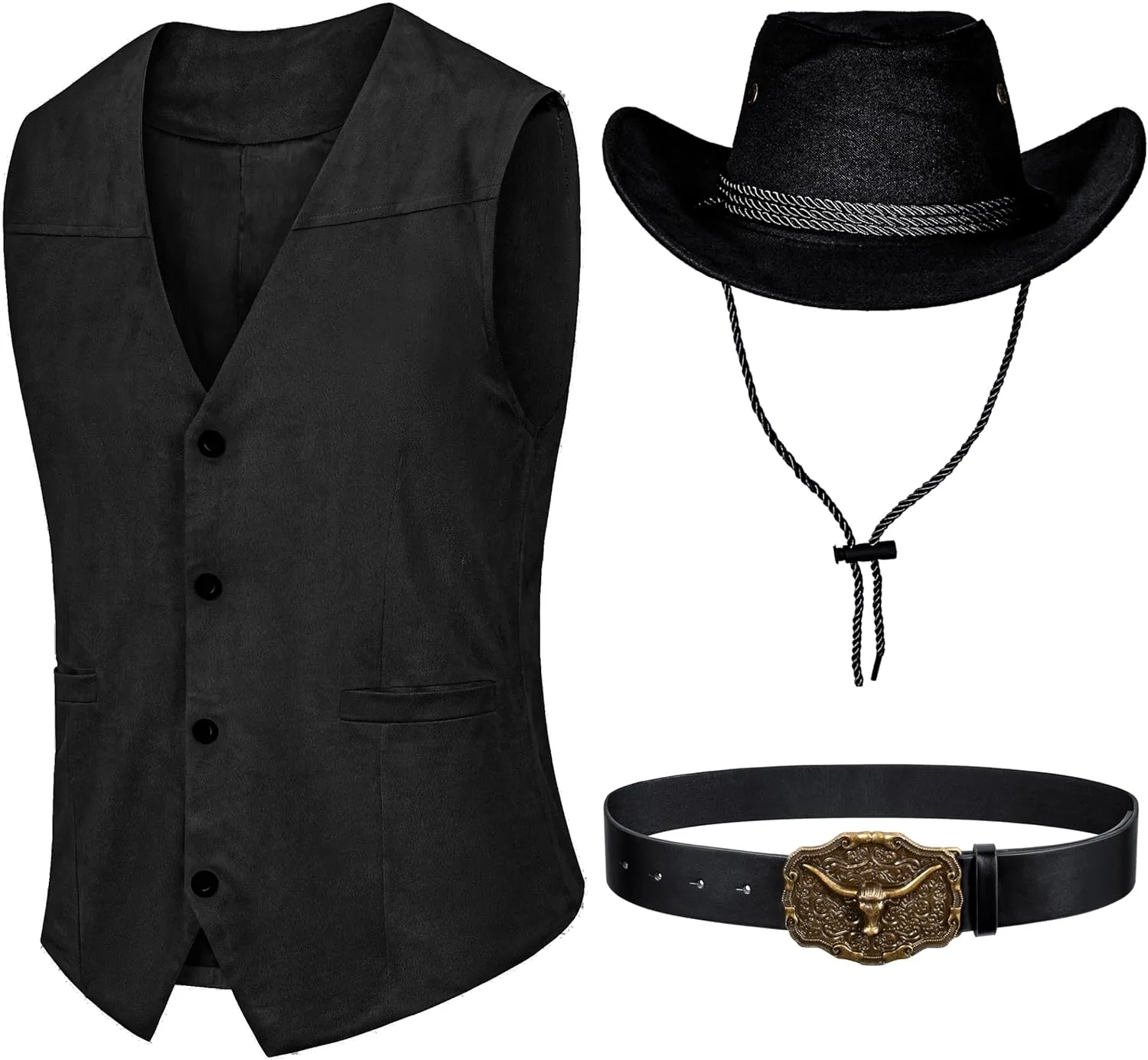 KAIPUTE Western Cowboy Costume Men's Vest Hat Belt for Adult Halloween Party Cosplay