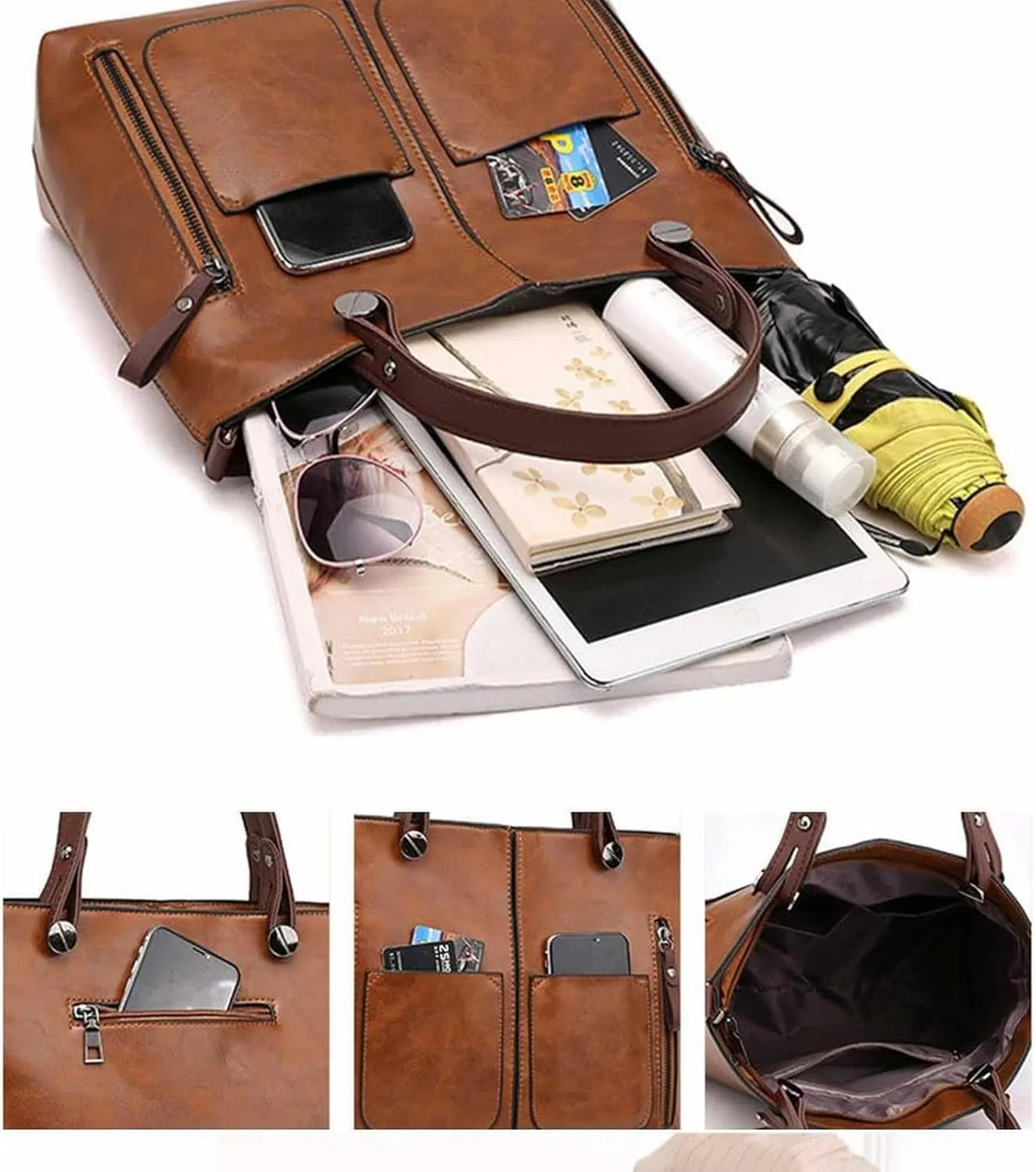 Ladies Vintage Leather Shoulder Bag Large Capacity Tote Bags Women Crossbody Bag Multi Pocket Shoulder (Grey, One Size)