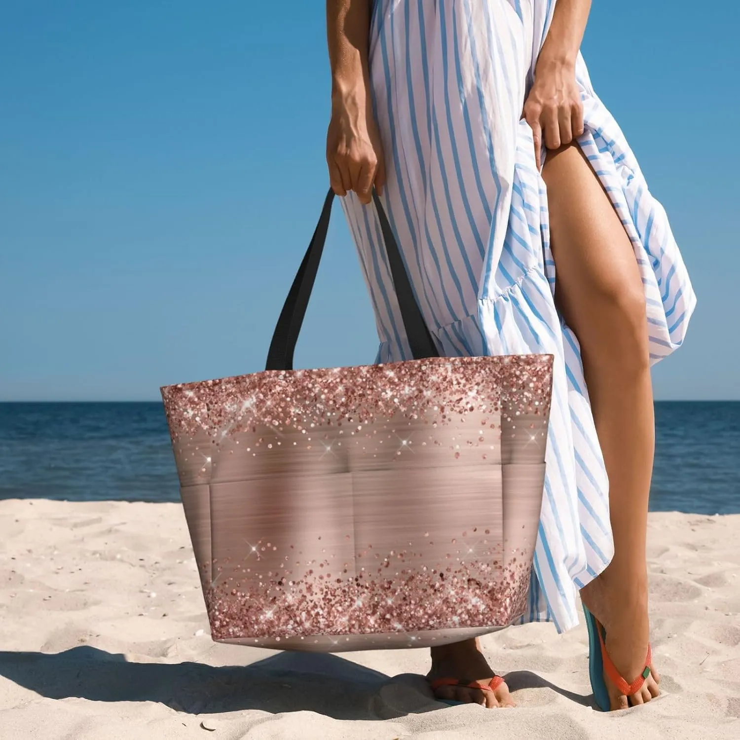 Large Beach Bag For Women Waterproof Foldable Travel Shoulder Tote Bag With Pocket For Weekender Pool Vacation