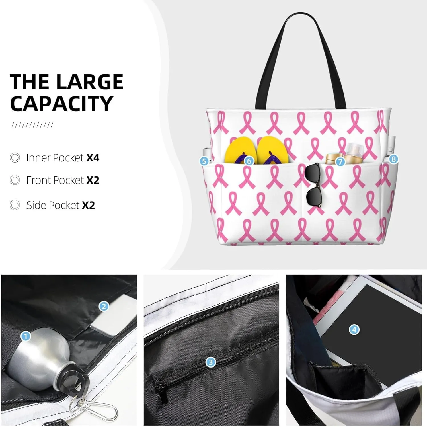Large Beach Bag For Women Waterproof Foldable Travel Shoulder Tote Bag With Pocket For Weekender Pool Vacation