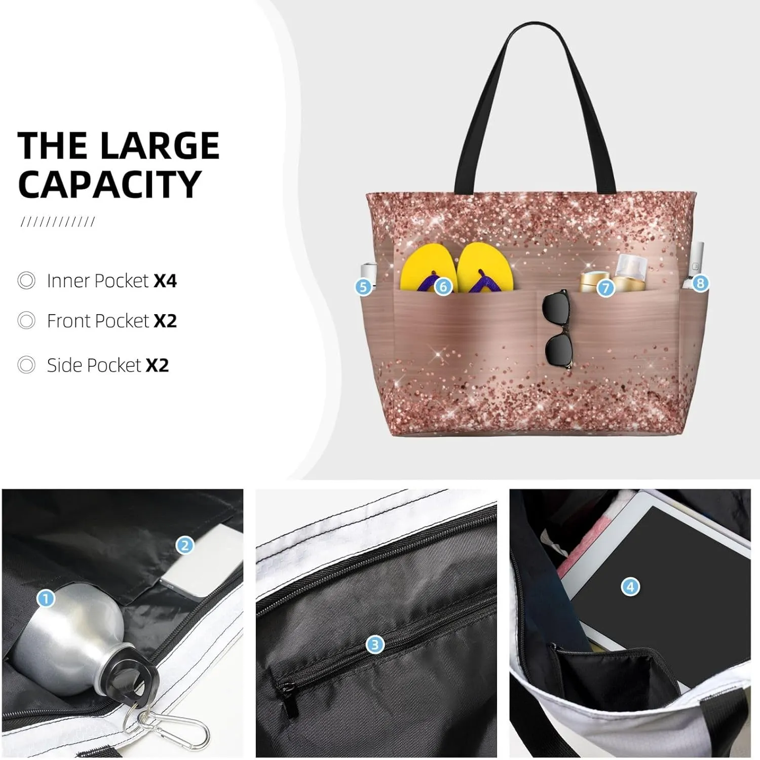 Large Beach Bag For Women Waterproof Foldable Travel Shoulder Tote Bag With Pocket For Weekender Pool Vacation