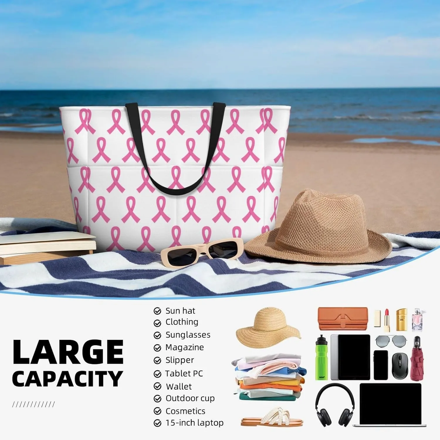 Large Beach Bag For Women Waterproof Foldable Travel Shoulder Tote Bag With Pocket For Weekender Pool Vacation