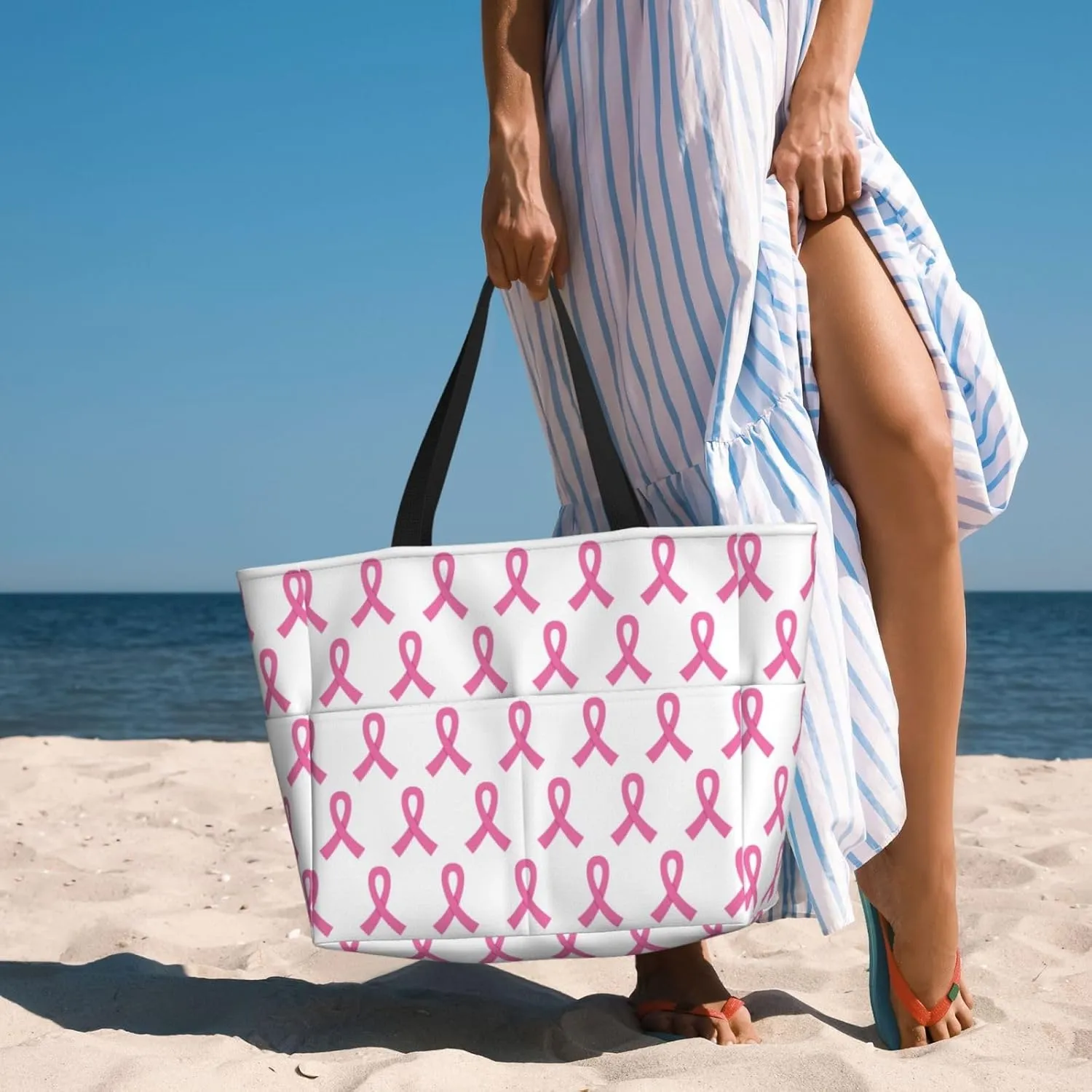 Large Beach Bag For Women Waterproof Foldable Travel Shoulder Tote Bag With Pocket For Weekender Pool Vacation